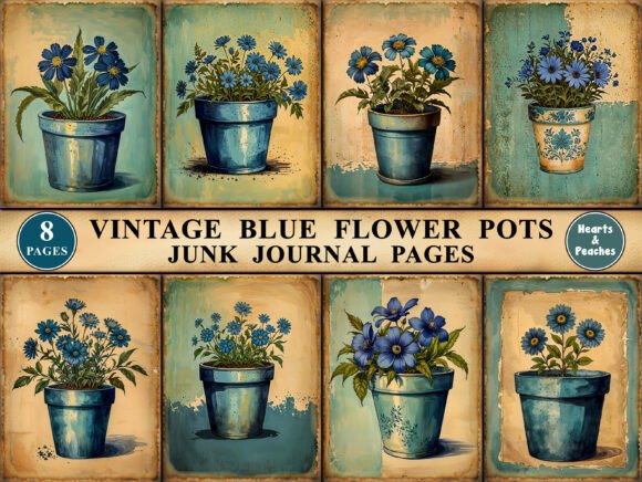 Download Vintage Blue Flower Pots Junk Journal - Blue flower Collection